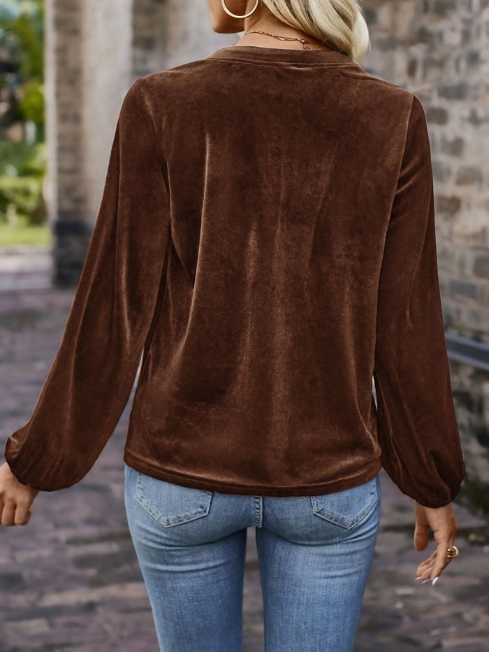 Women's Elegant Polyester T-Shirt - Notch-Neck Lantern Sleeve, Machine Washable, Solid Color with Button Detail