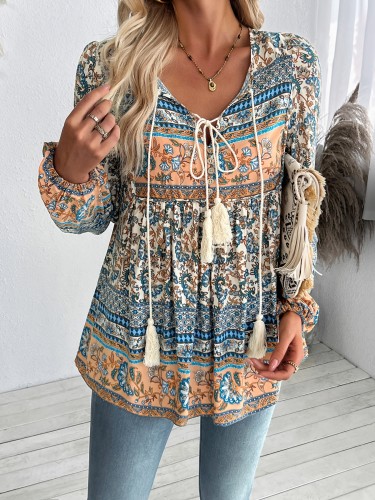 Women's Bohemian Print Shirt Top, Long Sleeve Loose Casual T-shirt - Lace-up, Pendant Tassel, Soft & Breathable for Daily Wear