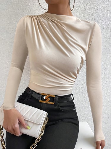Chic Solid Color Ruched Slim-Fit T-Shirt for Women - High Neck, Stretchy Polyester Blend, Machine Washable
