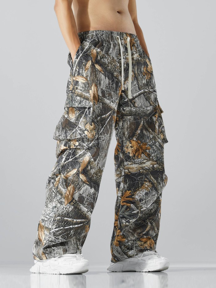 Men's Tropical Print Cargo Pants - Breathable, Water-Resistant, Loose Fit with Multiple Pockets for Outdoor & Casual Wear