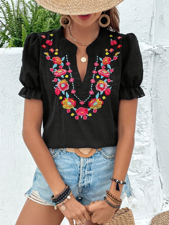 Chic Floral Embroidered 100% Polyester Blouse - Notch V-Neck, Puff Sleeves, Machine Washable, Ideal for Spring\u002FSummer\u002FFall Fashion