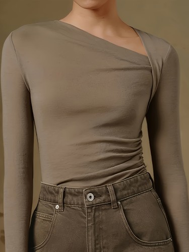 Elegant Asymmetrical Neck Long Sleeve T-Shirt for Women - Slim Fit, Solid Black, Soft Polyester Blend, Machine Washable, Versatile Layering Piece for Fall Outfits, Chic Casual Wear | Slim Fit Tee | Sophisticated Knitwear, Ladies T Shirts