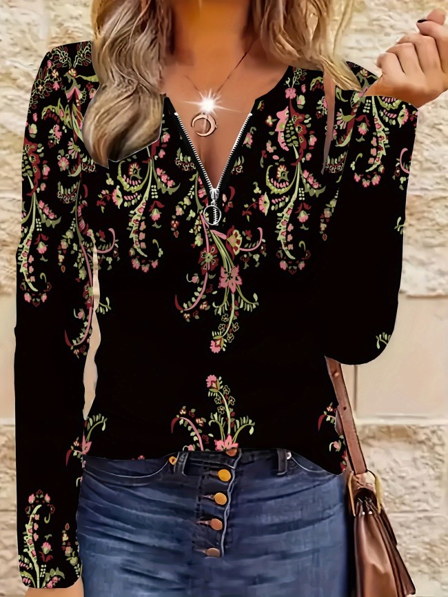 1pc Elegant Floral Pattern Long Sleeve V-Neck Zipper T-Shirt for Women, Polyester Knit Fabric, 3D Digital Full Body Print, Regular Length, Fall\u002FWinter Fashion Top