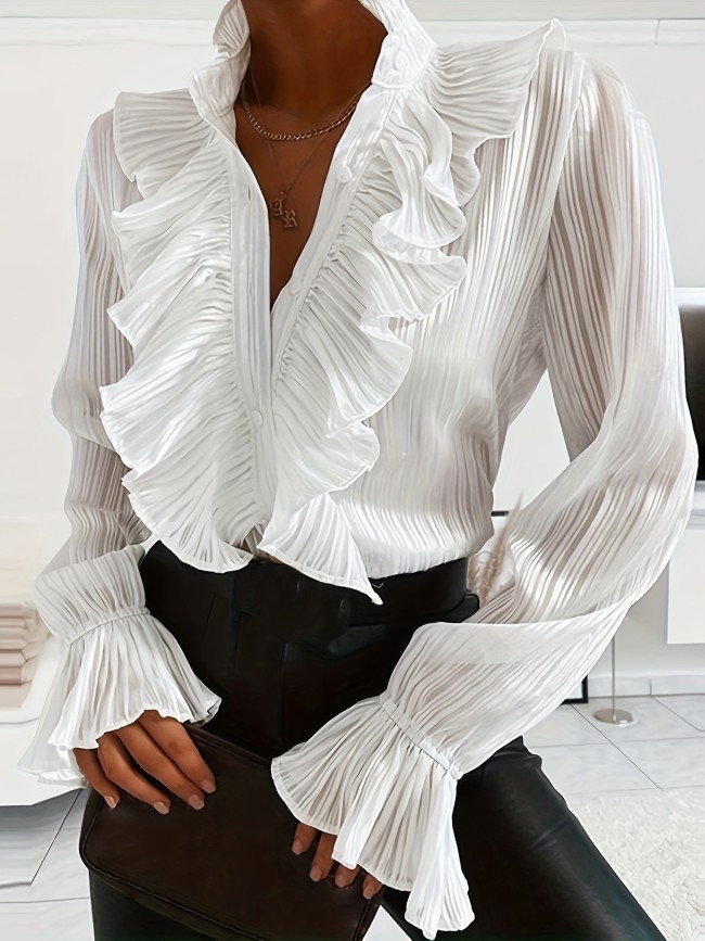 Stunning Ruffled Blouse - Elegant Long Sleeve Shirt with Button Front, Soft Fabric, and Classic Fit for Spring and Fall Season - Women's Clothing for Everyday Wear