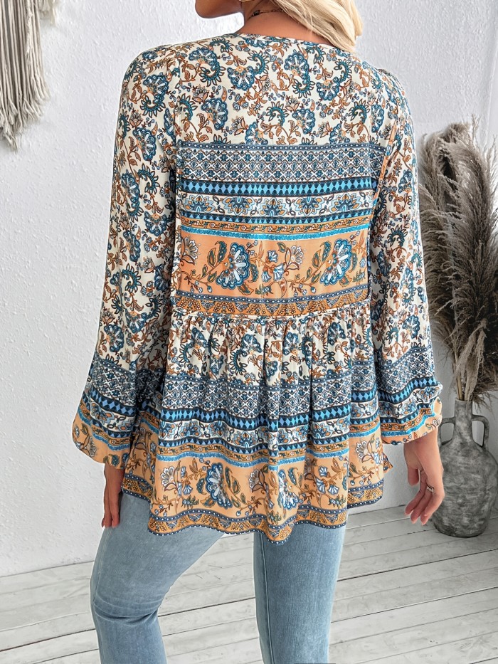 Women's Bohemian Print Shirt Top, Long Sleeve Loose Casual T-shirt - Lace-up, Pendant Tassel, Soft & Breathable for Daily Wear