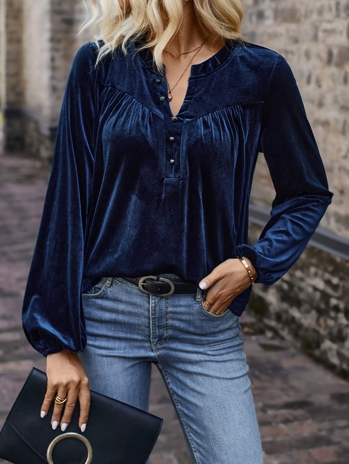 Women's Elegant Polyester T-Shirt - Notch-Neck Lantern Sleeve, Machine Washable, Solid Color with Button Detail