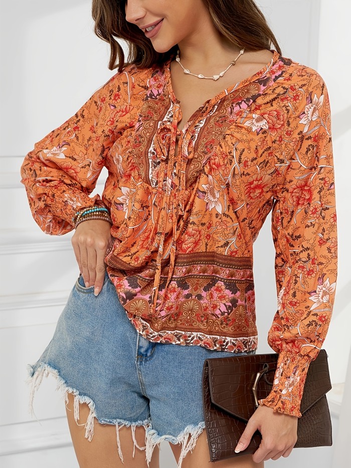 Floral Printed Tie Shirt - Casual Long Sleeved Shirt for Spring and Autumn, Women's Clothing with Vibrant Floral Pattern and Comfortable Design