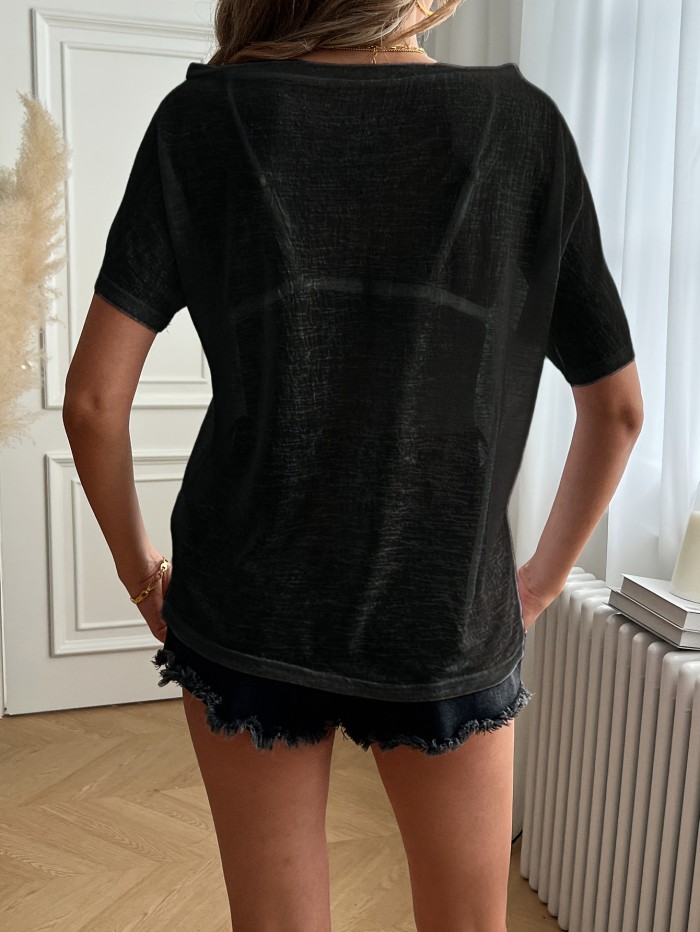 Sexy Off the Shoulder Short Sleeve Semi-Sheer T-shirt - Elegant Summer Top with Micro Elasticity and Machine Washable - Perfect for Womens Spring and Summer Clothing