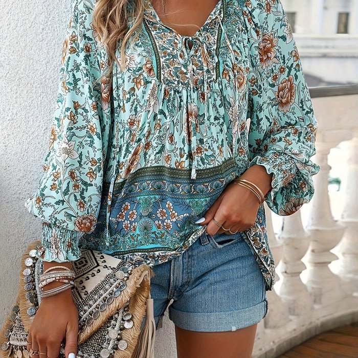 Floral Printed Tie Shirt - Casual Long Sleeved Shirt for Spring and Autumn, Women's Clothing with Vibrant Floral Pattern and Comfortable Design