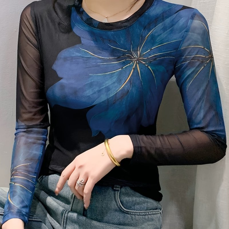 Elegant, Breathable Ethereal Touch Long Sleeve T-Shirt for Women - Chic Double Layer Mesh Detail, Crew Neck, Stretch Fabric, Machine Washable