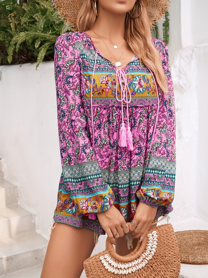 Women's Bohemian Print Shirt Top, Long Sleeve Loose Casual T-shirt - Lace-up, Pendant Tassel, Soft & Breathable for Daily Wear