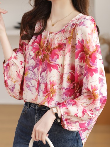 Lightweight Floral Chiffon Blouse for Women - Elegant Long-Sleeve Top with Vibrant Pink & Peach Print, Round Neck, Button Detail, Perfect for Spring & Fall Casual Outings, Autumn Outdoor Shirt | Elegant Floral Blouse | Polyester Chiffon Fabric, Floral Print Blouse