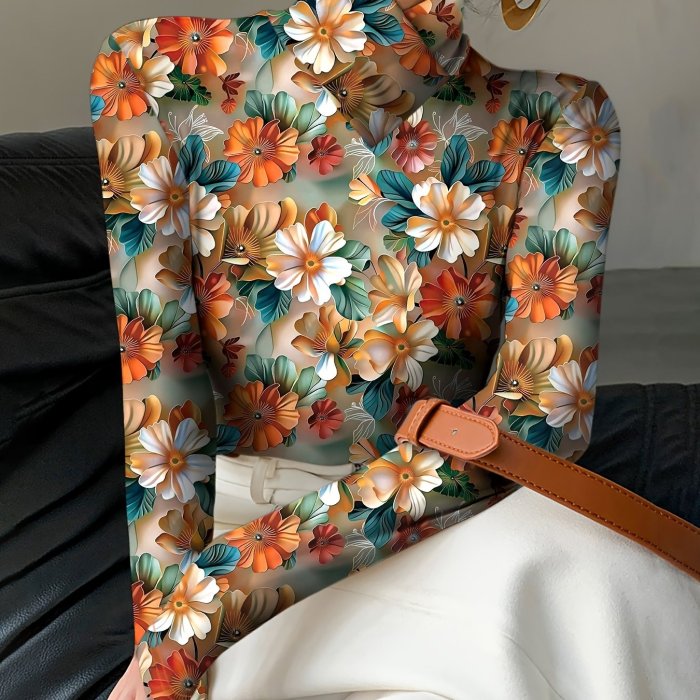 1pc Floral Print High Neck Tee 1pc Women'S Floral Print High Neck Long Sleeve T-Shirt, Sexy Knit Polyester Top for Fall\u002FWinter, Regular Length