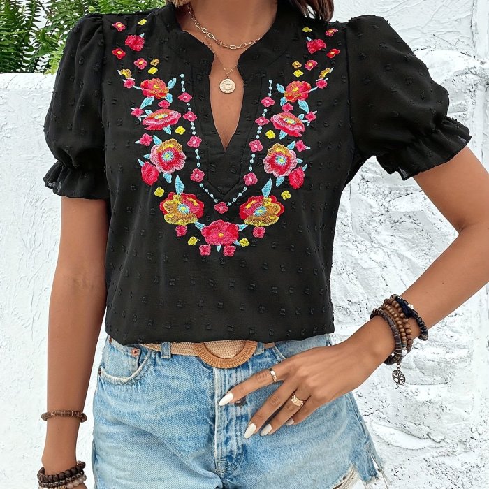 Chic Floral Embroidered 100% Polyester Blouse - Notch V-Neck, Puff Sleeves, Machine Washable, Ideal for Spring\u002FSummer\u002FFall Fashion