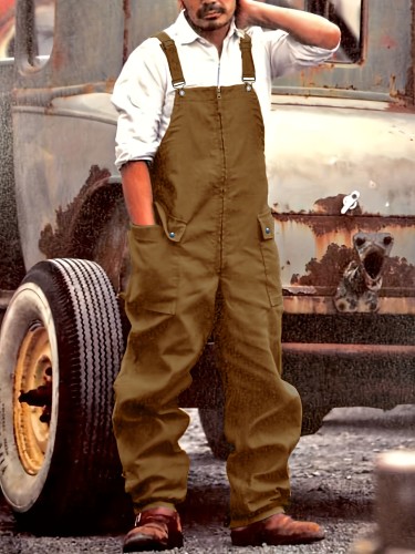 Men'S Vintage Work Overalls, 2025 New Casual Loose Fit, Polyester 95% Spandex 5% Woven Fabric, Solid Color All-Season Pants with Suspender Straps, Regular Length - 230g\u002Fm²
