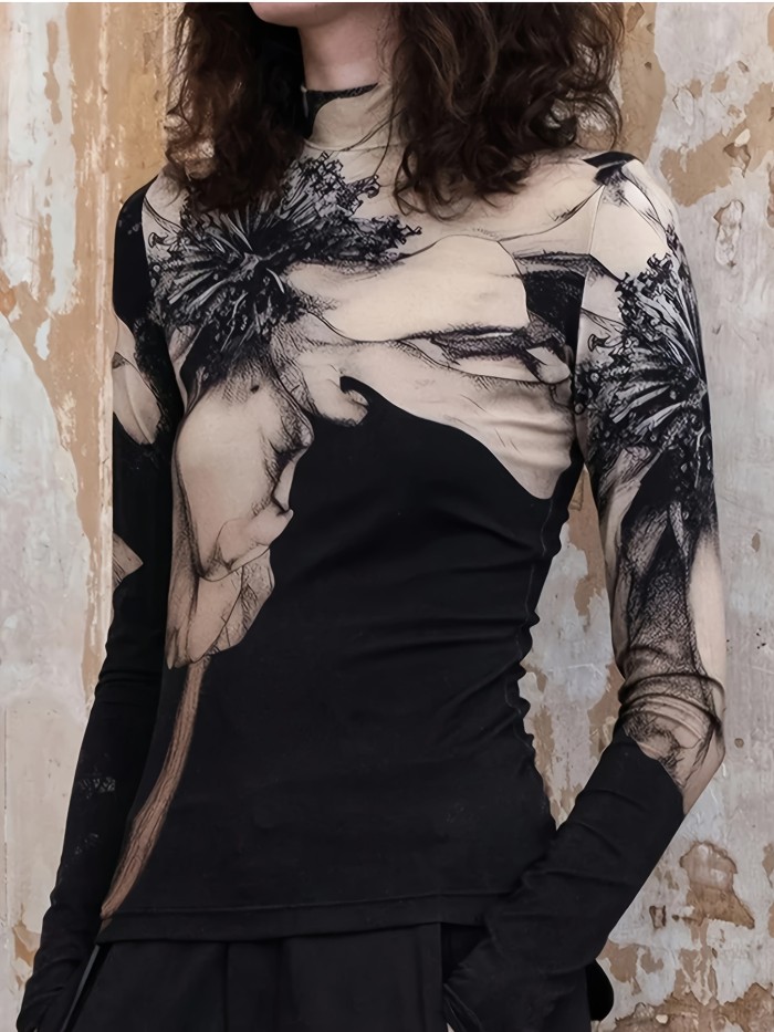 Floral Print Autumn Top Chic Floral Print Long Sleeve T-Shirt for Women - Slim Fit, High Neck, Versatile Autumn Top - Machine Washable Polyester & Elastane Blend