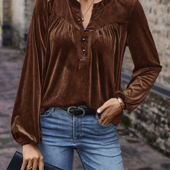 Women's Elegant Polyester T-Shirt - Notch-Neck Lantern Sleeve, Machine Washable, Solid Color with Button Detail
