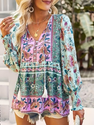 Floral Print Shirt Floral Print Shirt - Tassel Neckline, Lantern Sleeves, Ruffled Hem