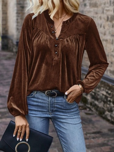 Women's Elegant Polyester T-Shirt - Notch-Neck Lantern Sleeve, Machine Washable, Solid Color with Button Detail