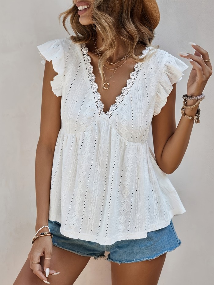 Elegant Lace Splicing V-neck Blouse, Comfortable Ruffle Trim Solid Color Spring & Summer Top for Women