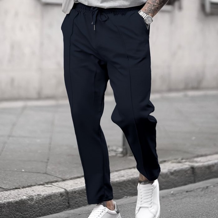Textured Waffle Pattern Pants Slim Fit Textured Waffle Pattern Drawstring Casual Pants - Men's