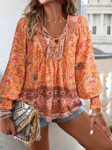 Floral Printed Tie Shirt - Casual Long Sleeved Shirt for Spring and Autumn, Women's Clothing with Vibrant Floral Pattern and Comfortable Design