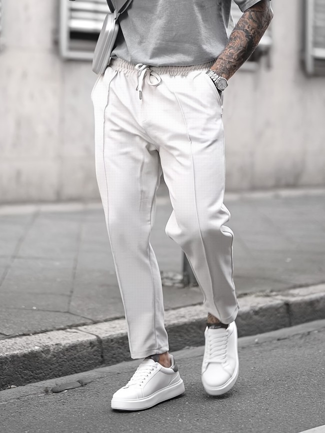 Textured Waffle Pattern Pants Slim Fit Textured Waffle Pattern Drawstring Casual Pants - Men's