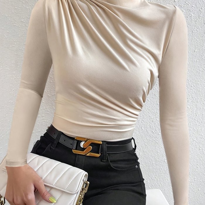 Chic Solid Color Ruched Slim-Fit T-Shirt for Women - High Neck, Stretchy Polyester Blend, Machine Washable