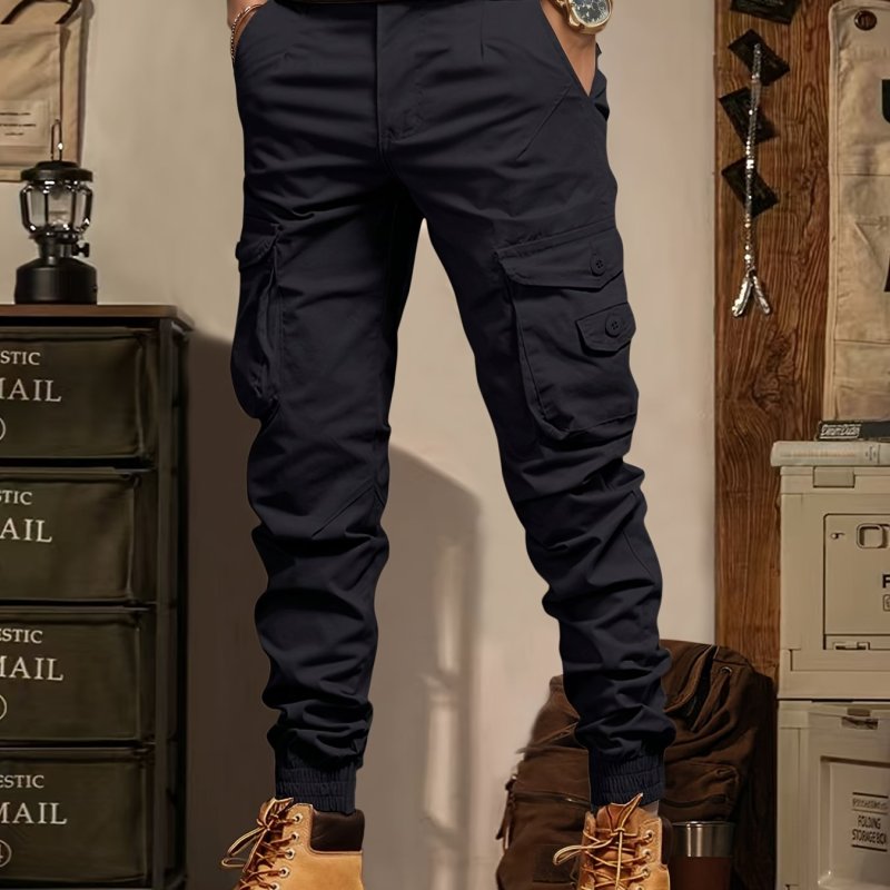 9-Inch Length Comfortable Men's Cargo Pants, Multi-Pocket Vintage Casual Work Pant, Polyester Stretch Fabric, Solid Color, All-Season, Regular Fit, Men's Fashion, Woven