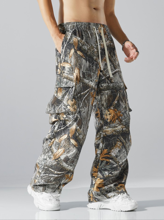 Men's Tropical Print Cargo Pants - Breathable, Water-Resistant, Loose Fit with Multiple Pockets for Outdoor & Casual Wear