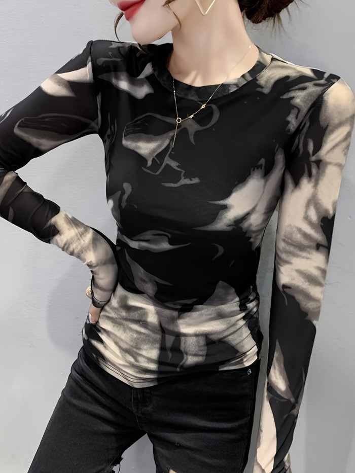 Comfortable Color Block Mesh Long Sleeve Top for Women - Stretchy, Semi-Sheer Crew Neck Blouse, Perfect for Spring & Fall, Leisure Style, Cultivate The Body Version