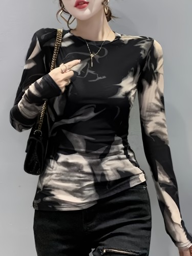 Comfortable Color Block Mesh Long Sleeve Top for Women - Stretchy, Semi-Sheer Crew Neck Blouse, Perfect for Spring & Fall, Leisure Style, Cultivate The Body Version