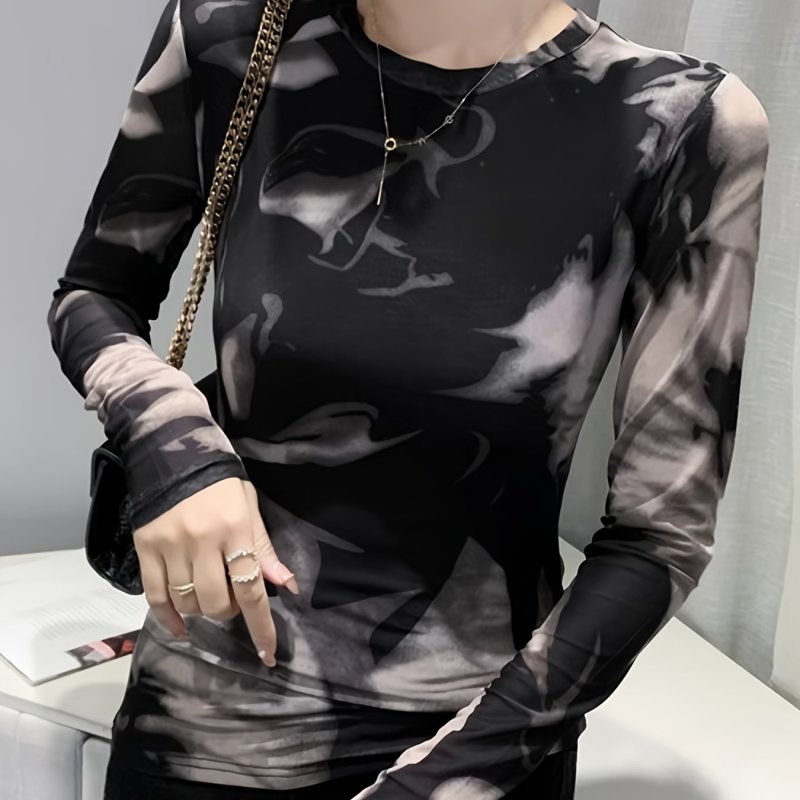 Comfortable Color Block Mesh Long Sleeve Top for Women - Stretchy, Semi-Sheer Crew Neck Blouse, Perfect for Spring & Fall, Leisure Style, Cultivate The Body Version