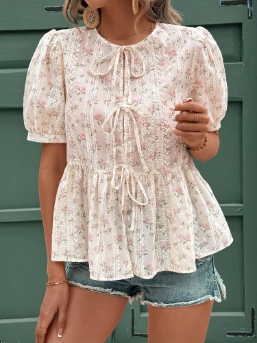 1pc Women's Floral Print Blouse - Polyester 100% Crew Neck Lace-Up Shirt, Woven Ditsy Pattern Top for Spring\u002FSummer\u002FFall