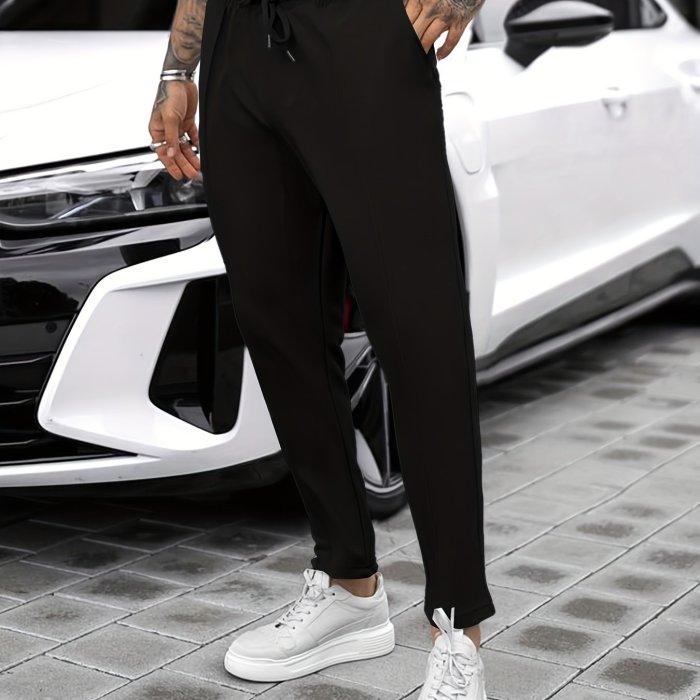Textured Waffle Pattern Pants Slim Fit Textured Waffle Pattern Drawstring Casual Pants - Men's