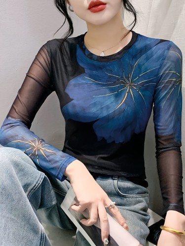 Elegant, Breathable Ethereal Touch Long Sleeve T-Shirt for Women - Chic Double Layer Mesh Detail, Crew Neck, Stretch Fabric, Machine Washable