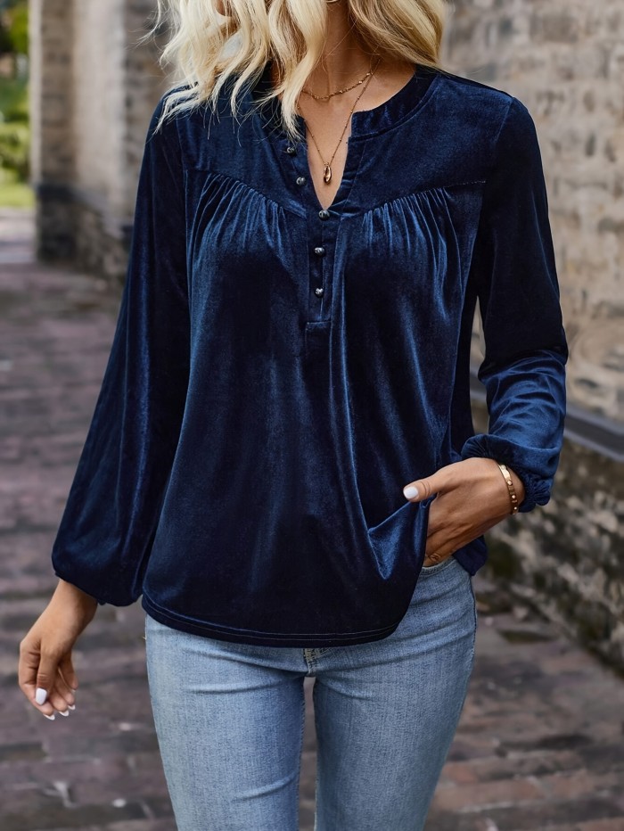 Women's Elegant Polyester T-Shirt - Notch-Neck Lantern Sleeve, Machine Washable, Solid Color with Button Detail
