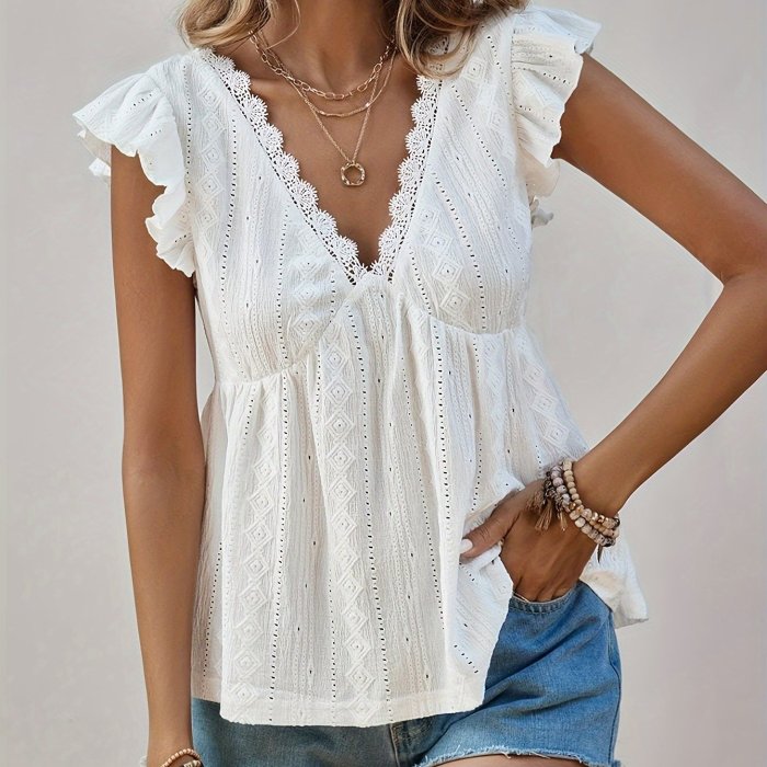 Elegant Lace Splicing V-neck Blouse, Comfortable Ruffle Trim Solid Color Spring & Summer Top for Women