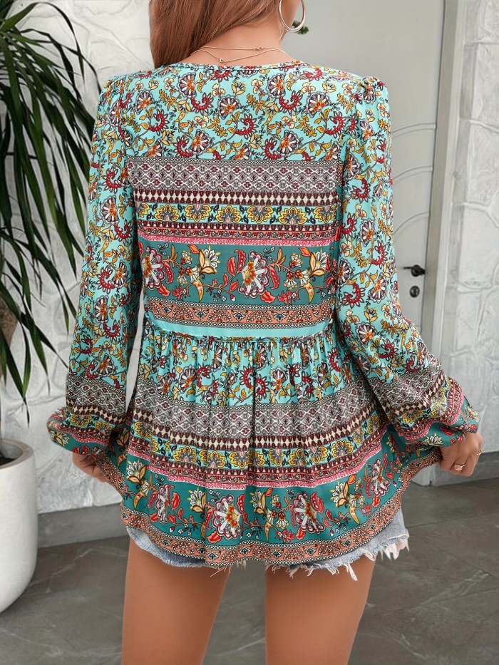 Women's Bohemian Print Shirt Top, Long Sleeve Loose Casual T-shirt - Lace-up, Pendant Tassel, Soft & Breathable for Daily Wear
