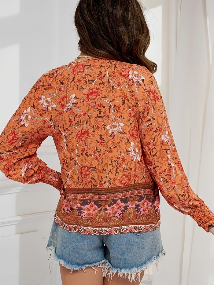 Floral Printed Tie Shirt - Casual Long Sleeved Shirt for Spring and Autumn, Women's Clothing with Vibrant Floral Pattern and Comfortable Design