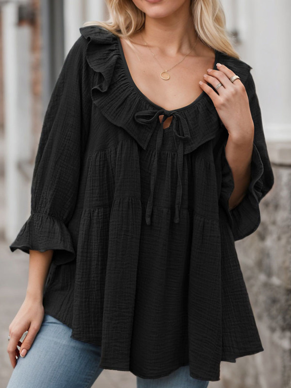 Tooluck Women'S Round Neck 3\u002F4 Long Sleeve Casual Lace-Up Front Ruffled Multi-Layered Loose Belted Shirt