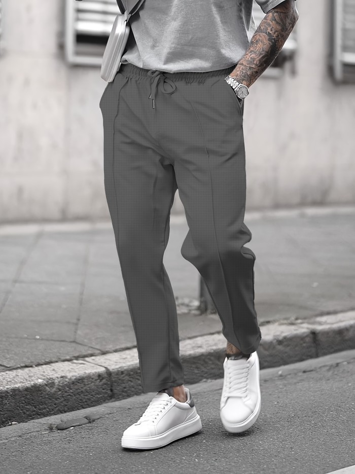 Textured Waffle Pattern Pants Slim Fit Textured Waffle Pattern Drawstring Casual Pants - Men's