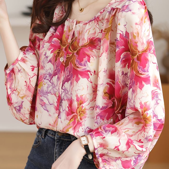 Lightweight Floral Chiffon Blouse for Women - Elegant Long-Sleeve Top with Vibrant Pink & Peach Print, Round Neck, Button Detail, Perfect for Spring & Fall Casual Outings, Autumn Outdoor Shirt | Elegant Floral Blouse | Polyester Chiffon Fabric, Floral Print Blouse