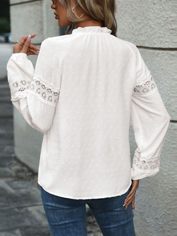 Women Long Sleeve Shirts Jacquard Lace Ruffles Collar Tie-Up Front Loose Blouses Spring Fall Fashion Casual Tops