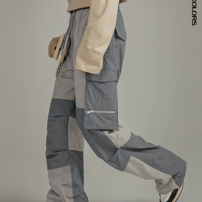 Trendy Commuter Pants Two-Tone Cargo Pants - Comfortable Polyester Blend with Multiple Zippered Pockets - Ideal for Outdoor Activities and Casual Wear
