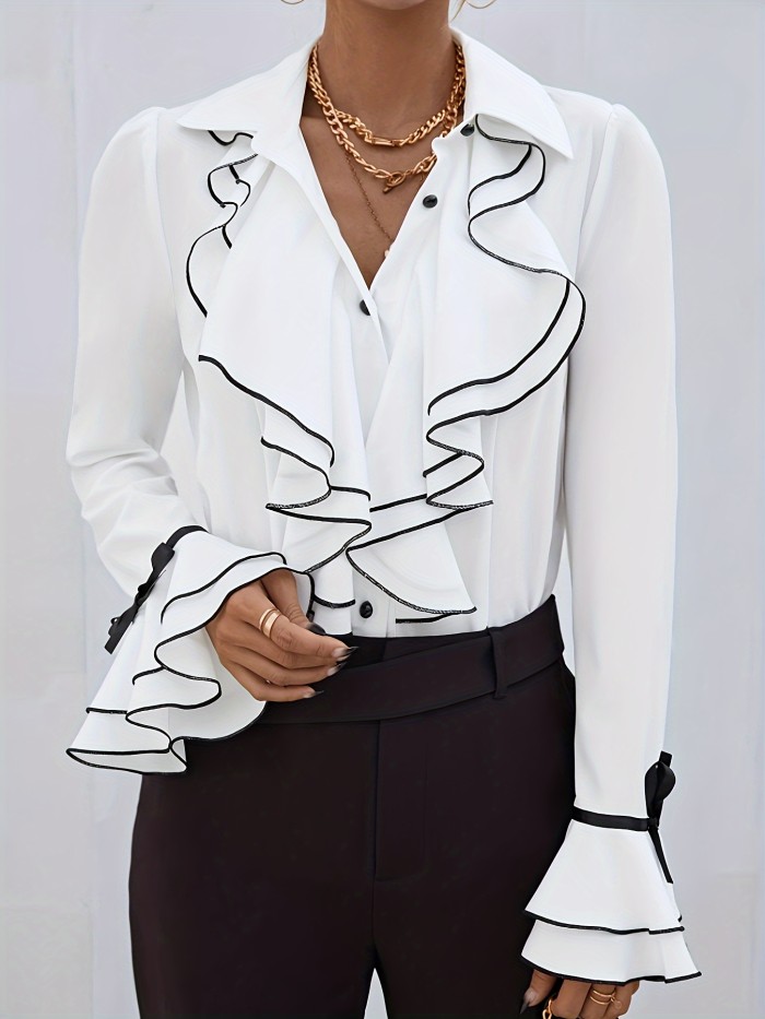 Polyester Casual Blouse Solid Color Polyester Women's Casual Blouse - Lapel Collar Long Sleeve Shirt for Spring\u002FSummer\u002FFall