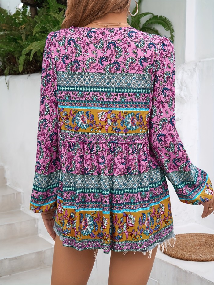 Women's Bohemian Print Shirt Top, Long Sleeve Loose Casual T-shirt - Lace-up, Pendant Tassel, Soft & Breathable for Daily Wear