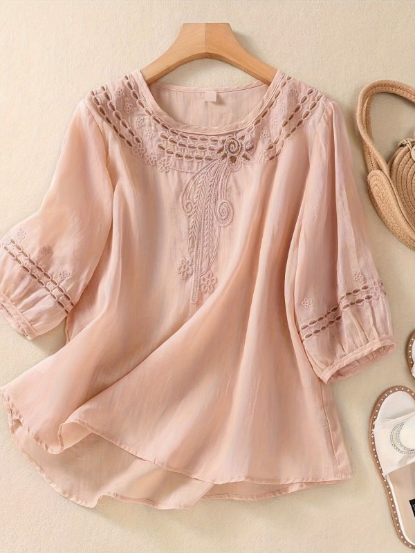 Women's Summer Casual Crew Neck T-Shirt, 100% Embroidered Geometric Pattern, Regular Length, Woven Fabric, Vintage Style Top