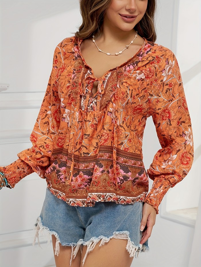 Floral Printed Tie Shirt - Casual Long Sleeved Shirt for Spring and Autumn, Women's Clothing with Vibrant Floral Pattern and Comfortable Design