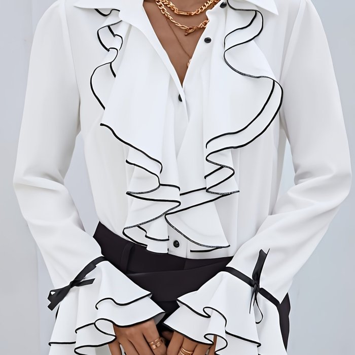 Polyester Casual Blouse Solid Color Polyester Women's Casual Blouse - Lapel Collar Long Sleeve Shirt for Spring\u002FSummer\u002FFall
